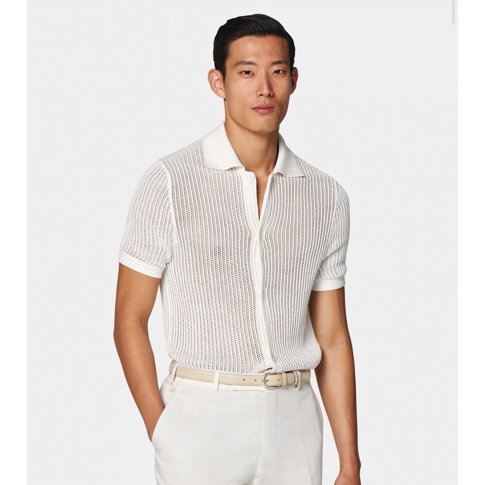 Suitsupply Off-White Crochet Polo Cardigan Cotton Silk Mens Medium